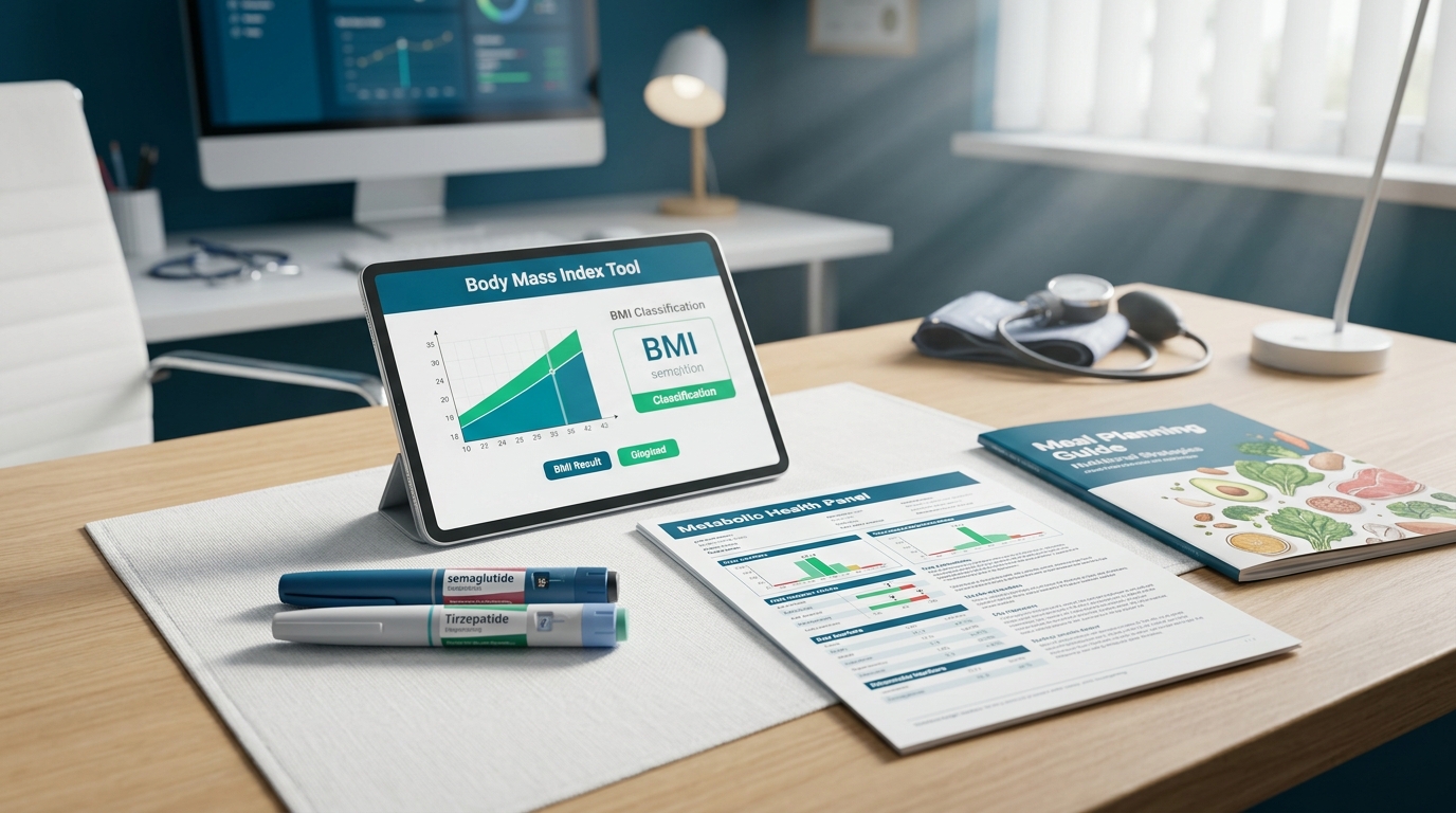 Semaglutide and tirzepatide injection pens with BMI and metabolic health data