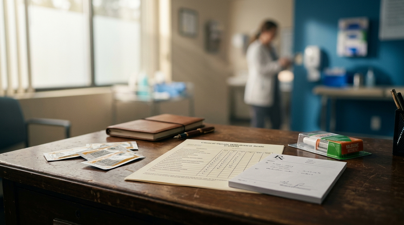 Buprenorphine medication with withdrawal assessment and naloxone kit in clinic