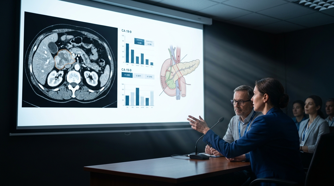 Pancreatic CT scan with tumor mass, CA 19-9 results, and surgical planning
