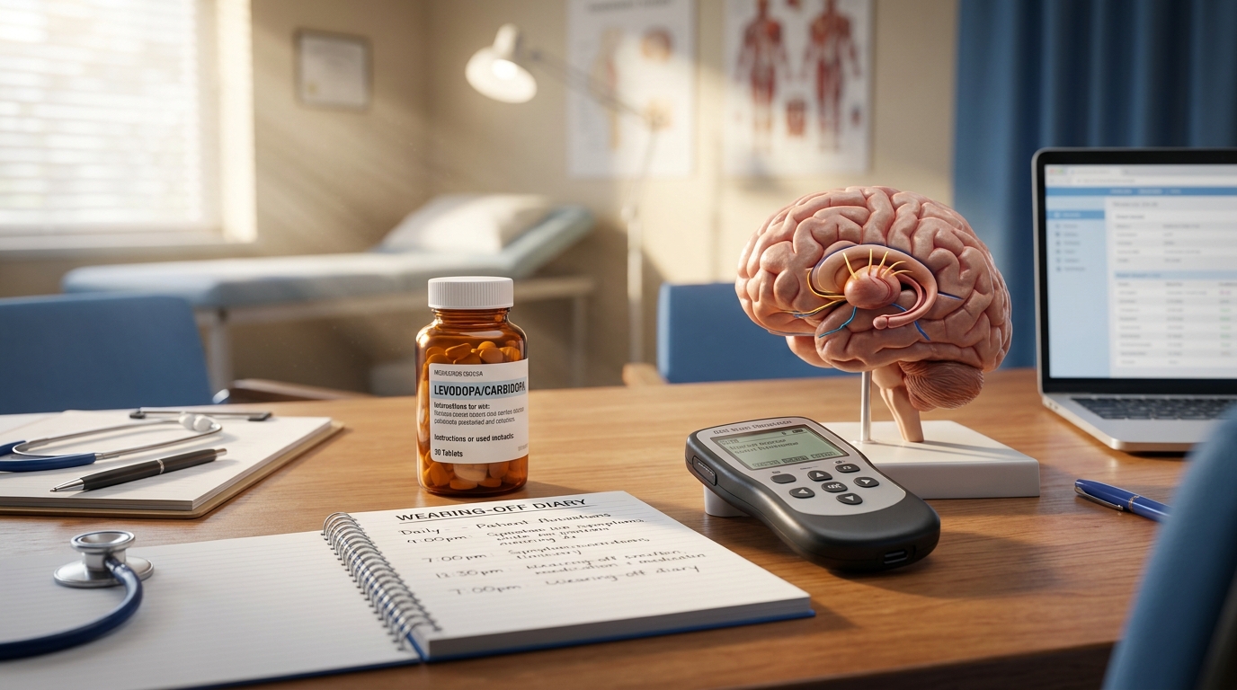 Parkinson's levodopa medication with wearing-off diary and DBS device