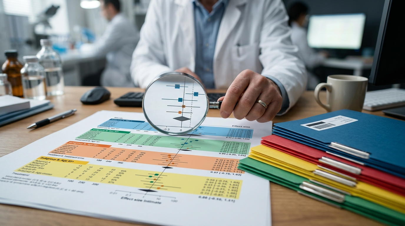 Forest plot chart with highlighted subgroup analyses and patient cohort folders