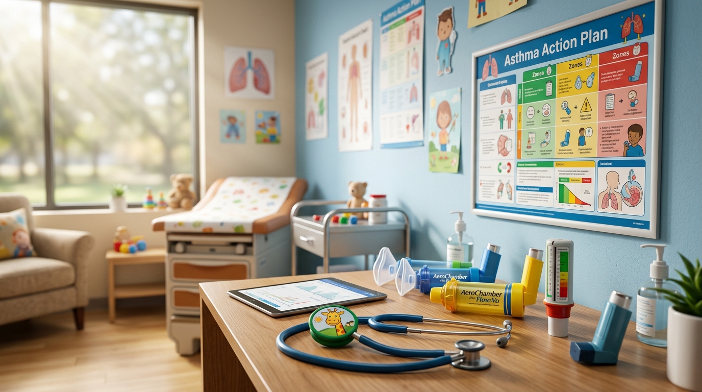 Pediatric asthma tools with spacers, peak flow meter, and action plan charts