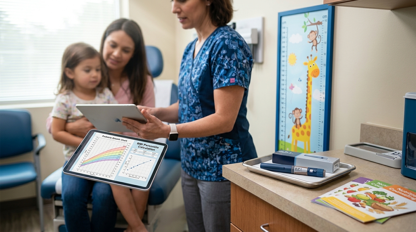 Pediatric clinic with growth chart, BMI data, GLP-1 pen, and nutrition counseling