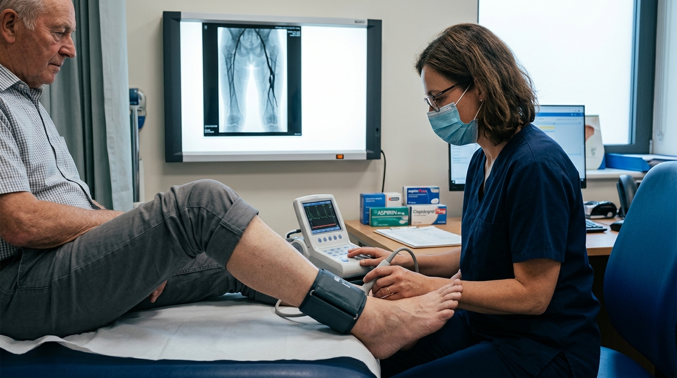 Ankle-brachial index device with lower extremity angiogram and antiplatelet therapy