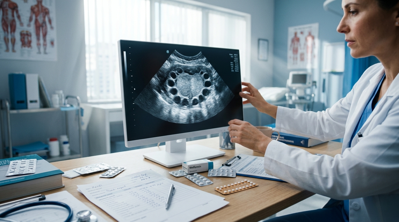 PCOS ultrasound with metabolic lab panels and treatment medication options