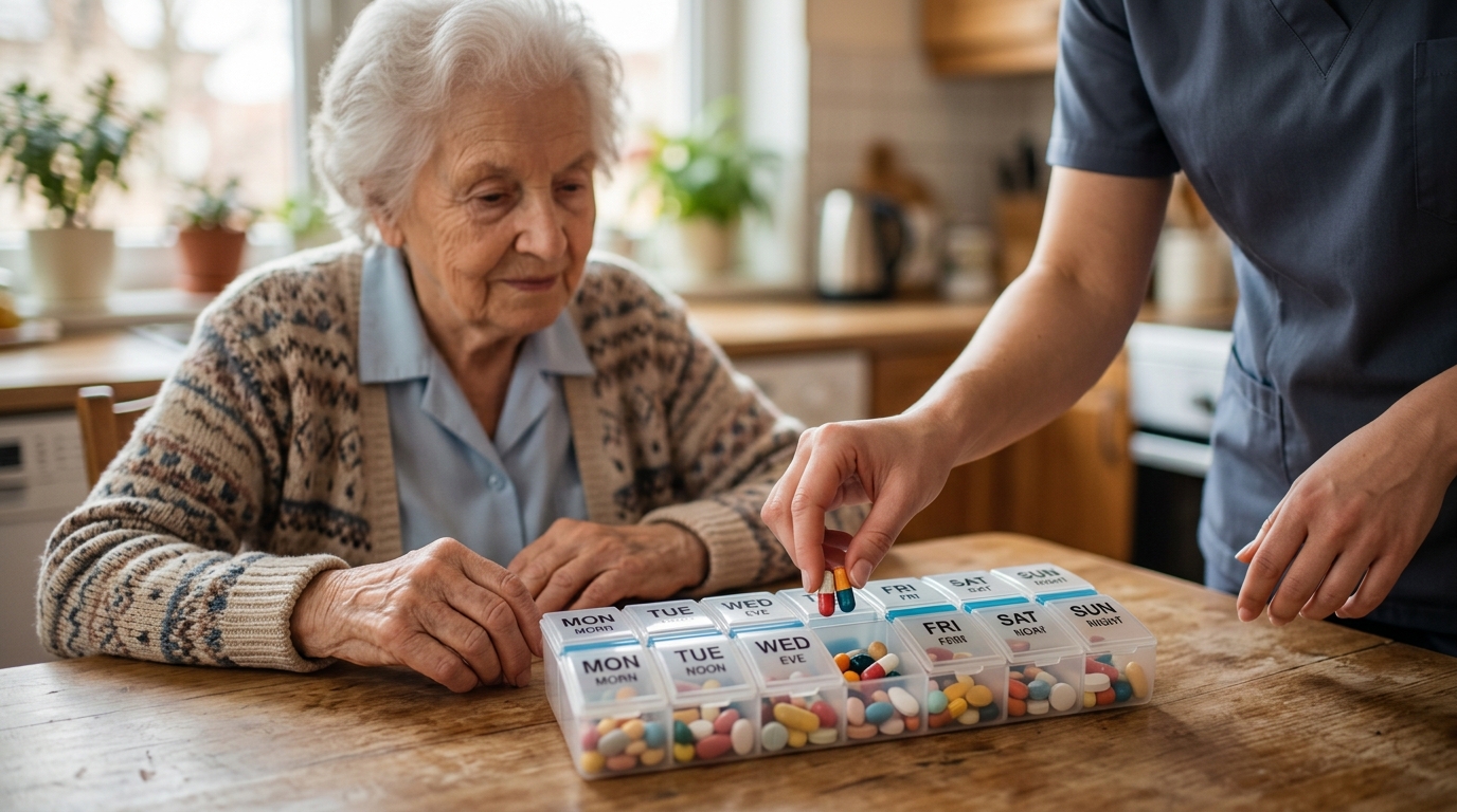 Overflowing pill organizer with pharmacist removing medications for deprescribing