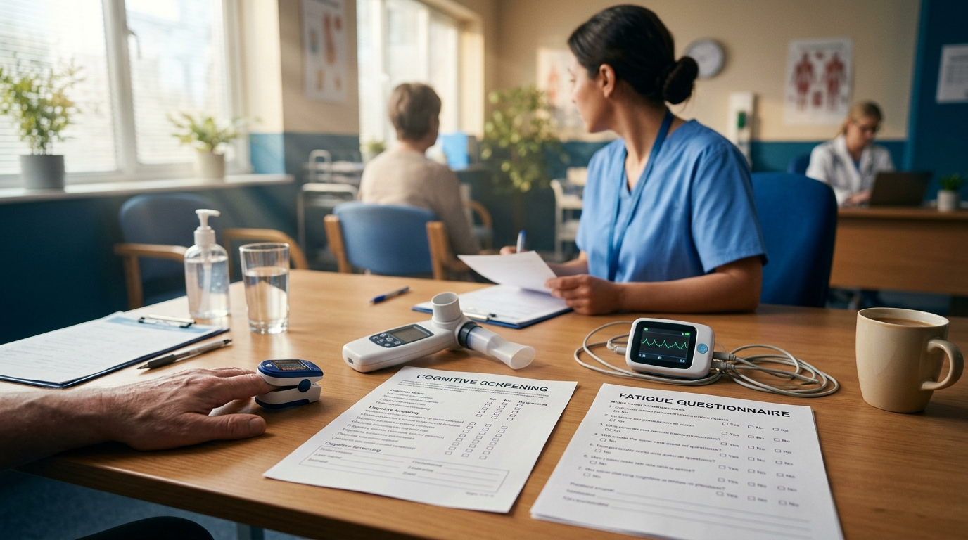 Post-COVID assessment tools including pulse oximeter, spirometry, and cognitive screening