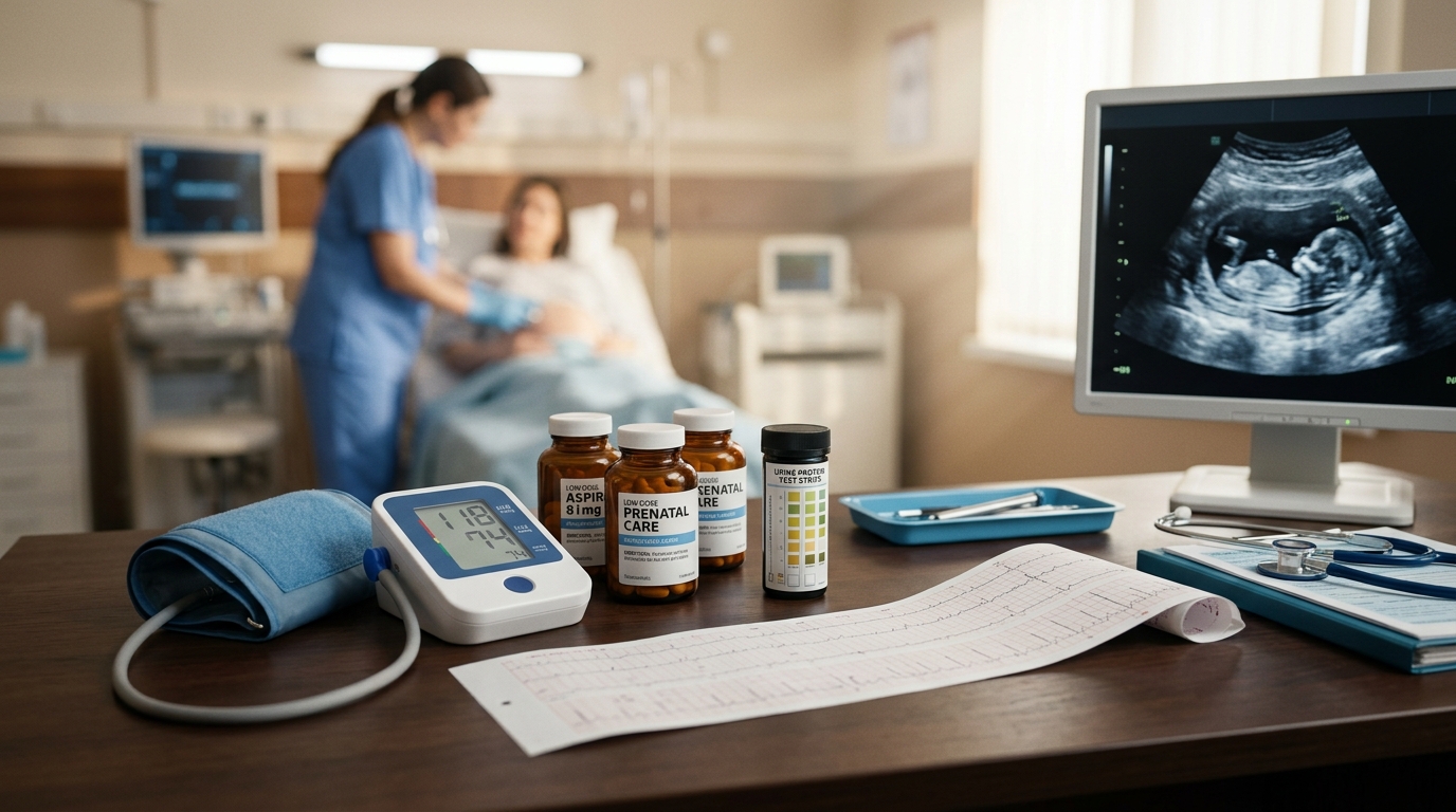 Obstetric desk with blood pressure cuff, aspirin, and fetal monitoring for preeclampsia