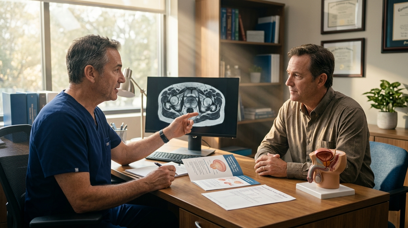 Prostate MRI on screen with PSA results and anatomy model for screening discussion