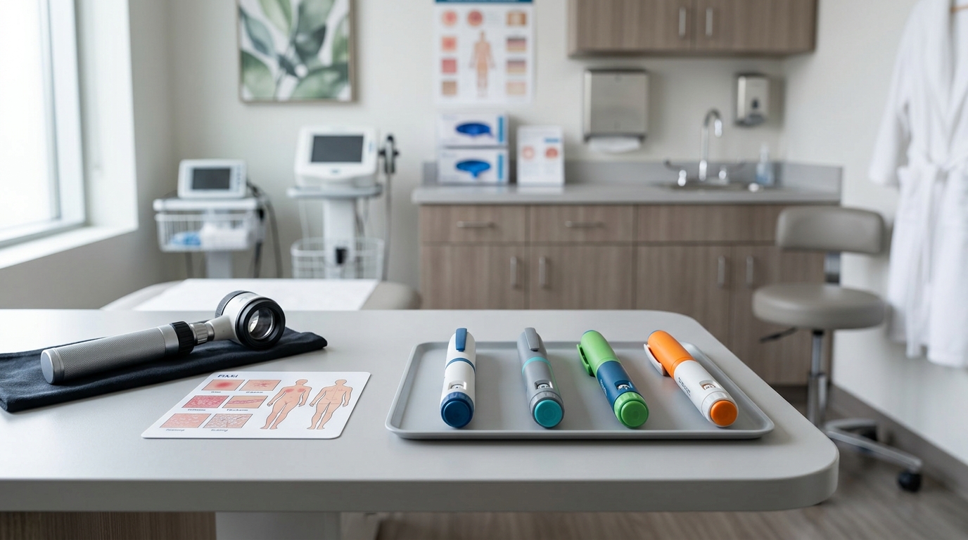 Psoriasis biologic injection pens compared with dermatoscope and PASI scoring card