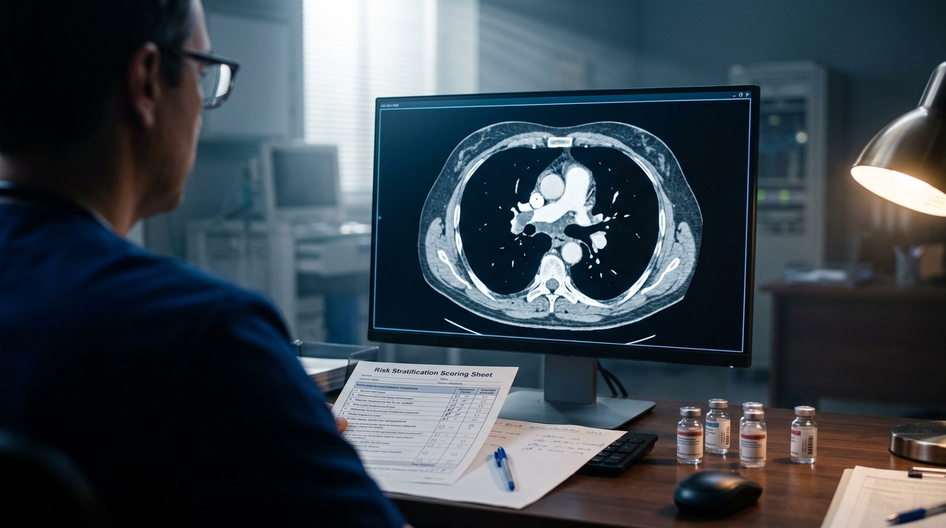 CT pulmonary angiography showing PE with risk scores and anticoagulant vials