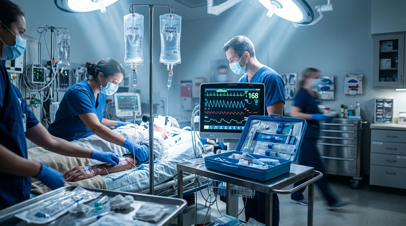 Emergency resuscitation bay with IV fluids, central line kit, and vital sign monitors