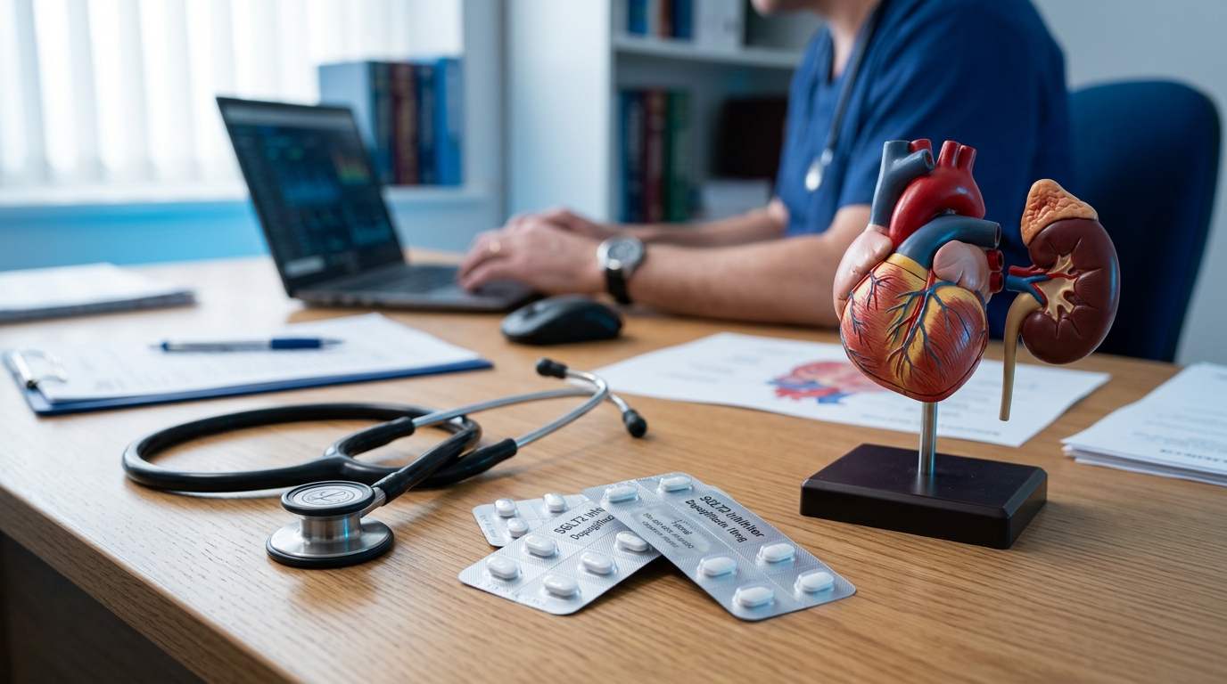 SGLT2 inhibitor medication beside heart and kidney models on clinical desk