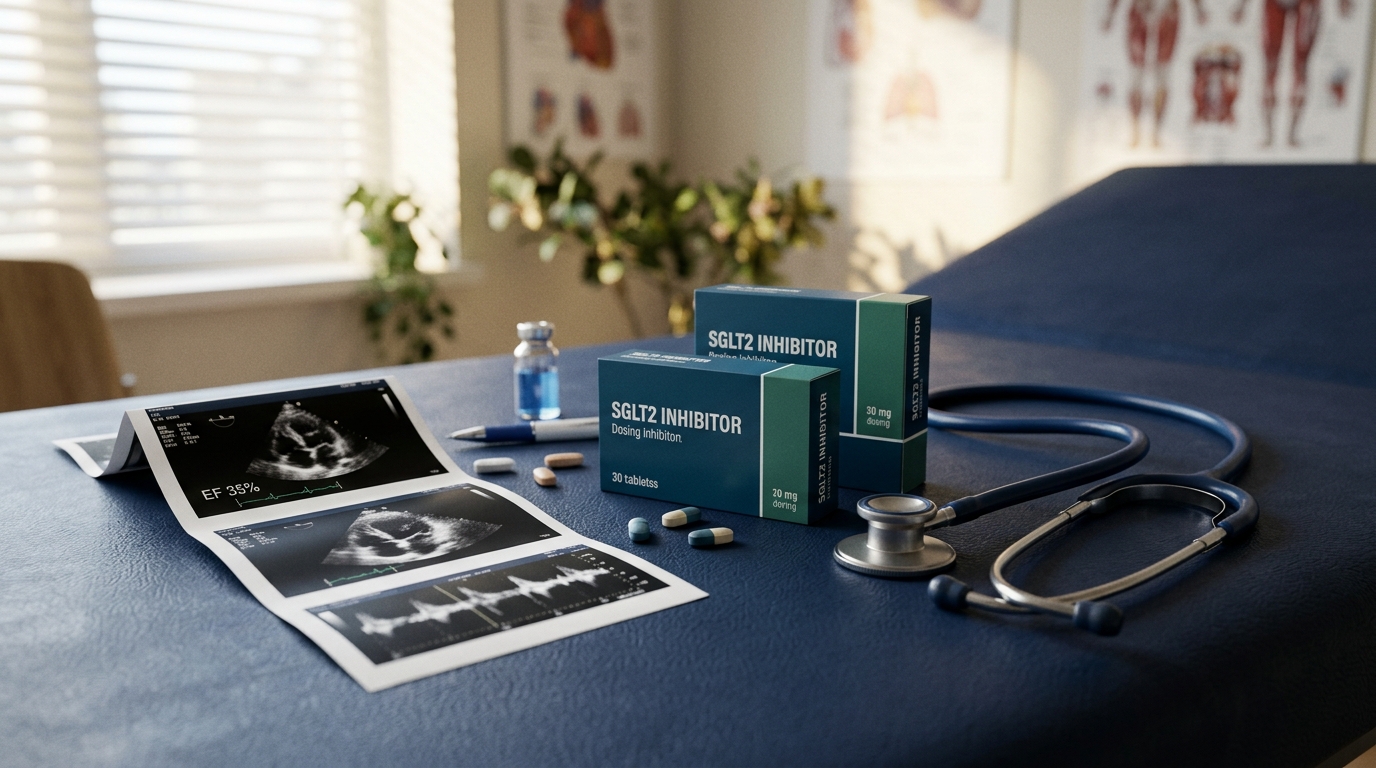 SGLT2 inhibitor medication with echocardiogram showing heart failure metrics