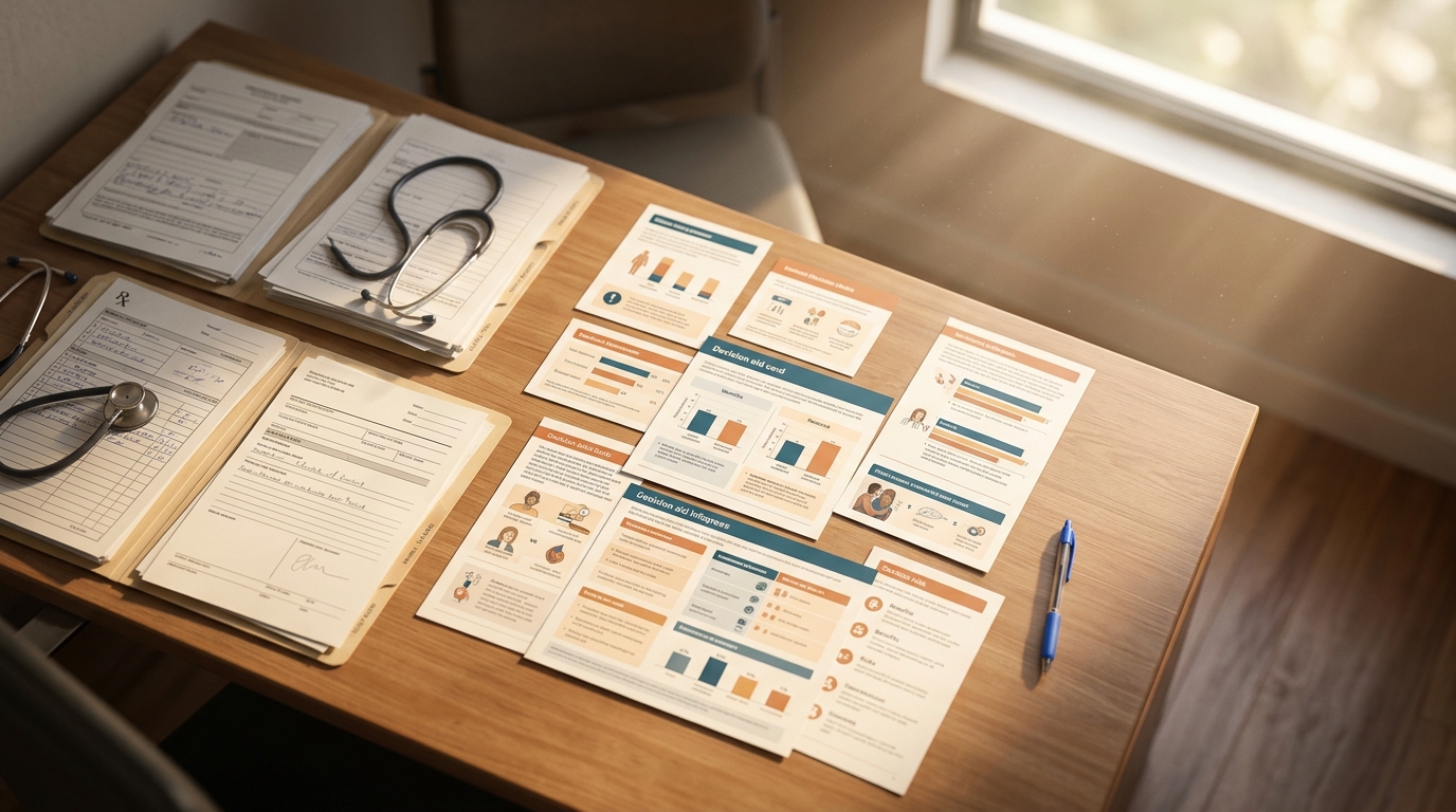 Consultation desk with medical charts and decision aid materials spread out