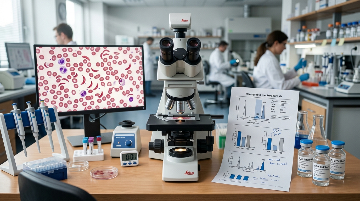 Sickle cell blood smear under microscope with novel therapy vials and lab results