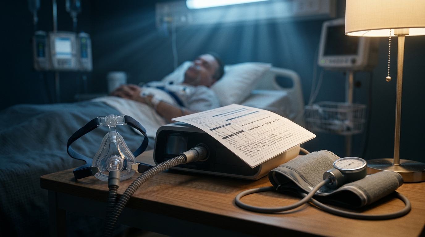 CPAP machine with sleep study results and blood pressure monitor