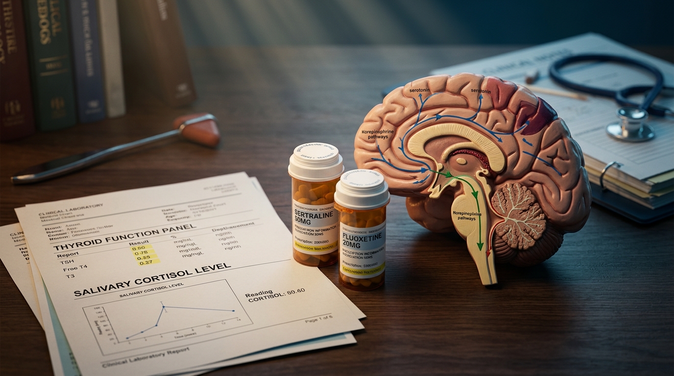 SSRI medications alongside thyroid labs, cortisol results, and brain model