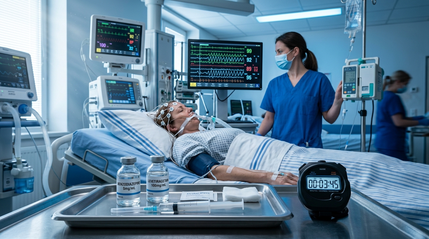 EEG showing seizure activity with IV anticonvulsant medications on emergency tray