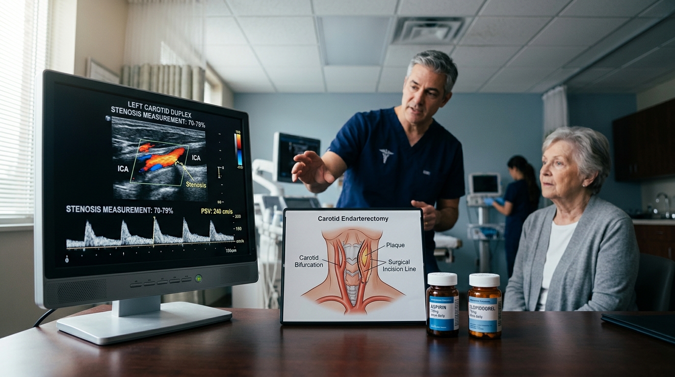 Carotid ultrasound showing stenosis with antiplatelet therapy and surgical planning