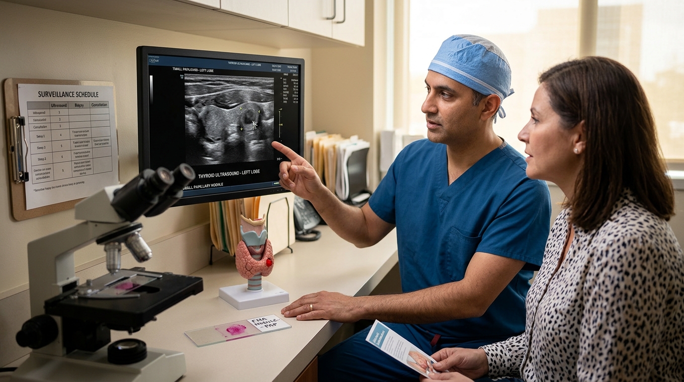 Thyroid ultrasound with papillary nodule, cytology slide, and surveillance planning