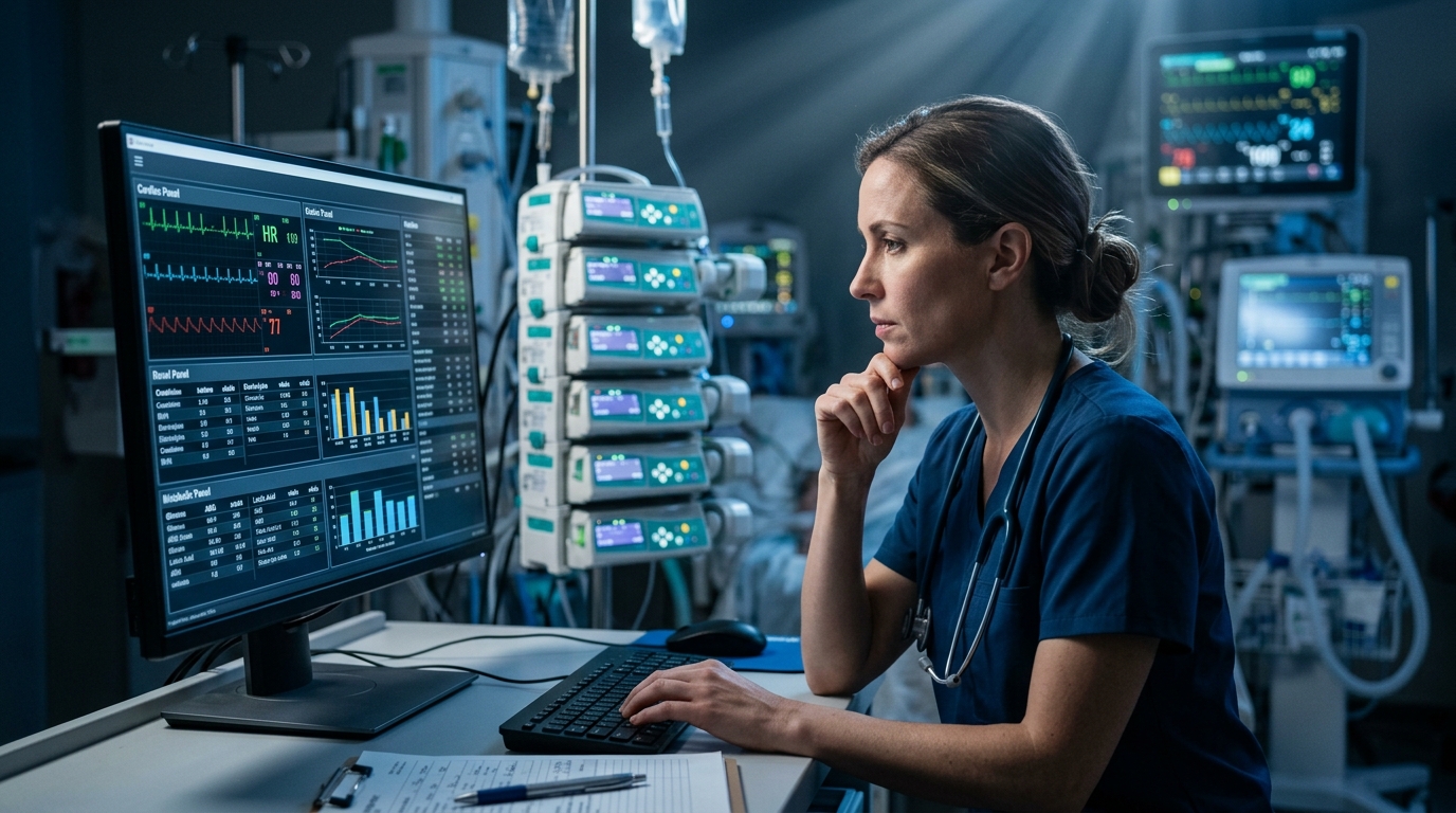 ICU physician reviewing multi-system patient data on cardiac, renal, and metabolic panels
