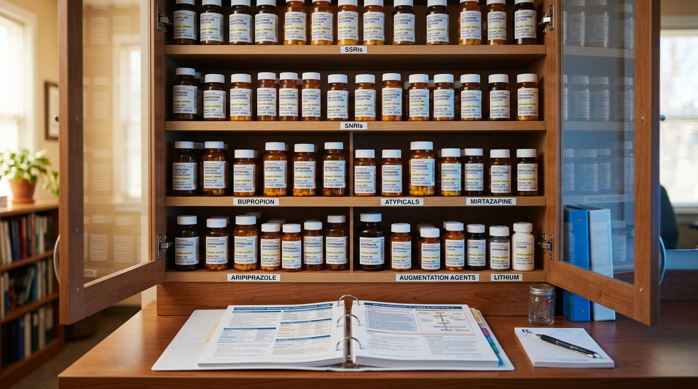 Psychiatry medication cabinet with organized antidepressant classes and prescribing guide