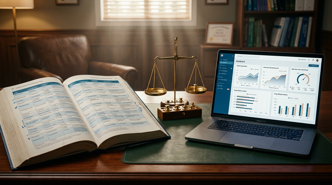 Medical textbook and clinical AI dashboard balanced on either side of a brass scale