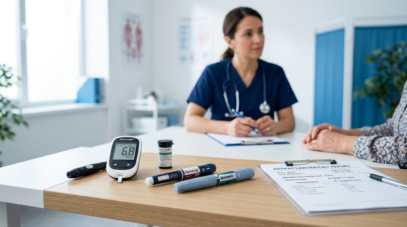 Diabetes management tools including glucose meter, insulin pen, and A1C lab results