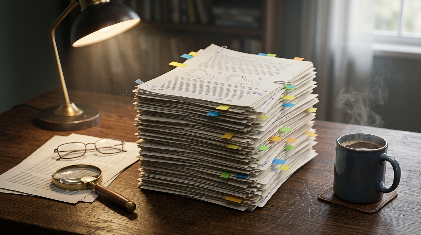 Stack of preprint medical research papers with sticky tabs and magnifying glass on desk
