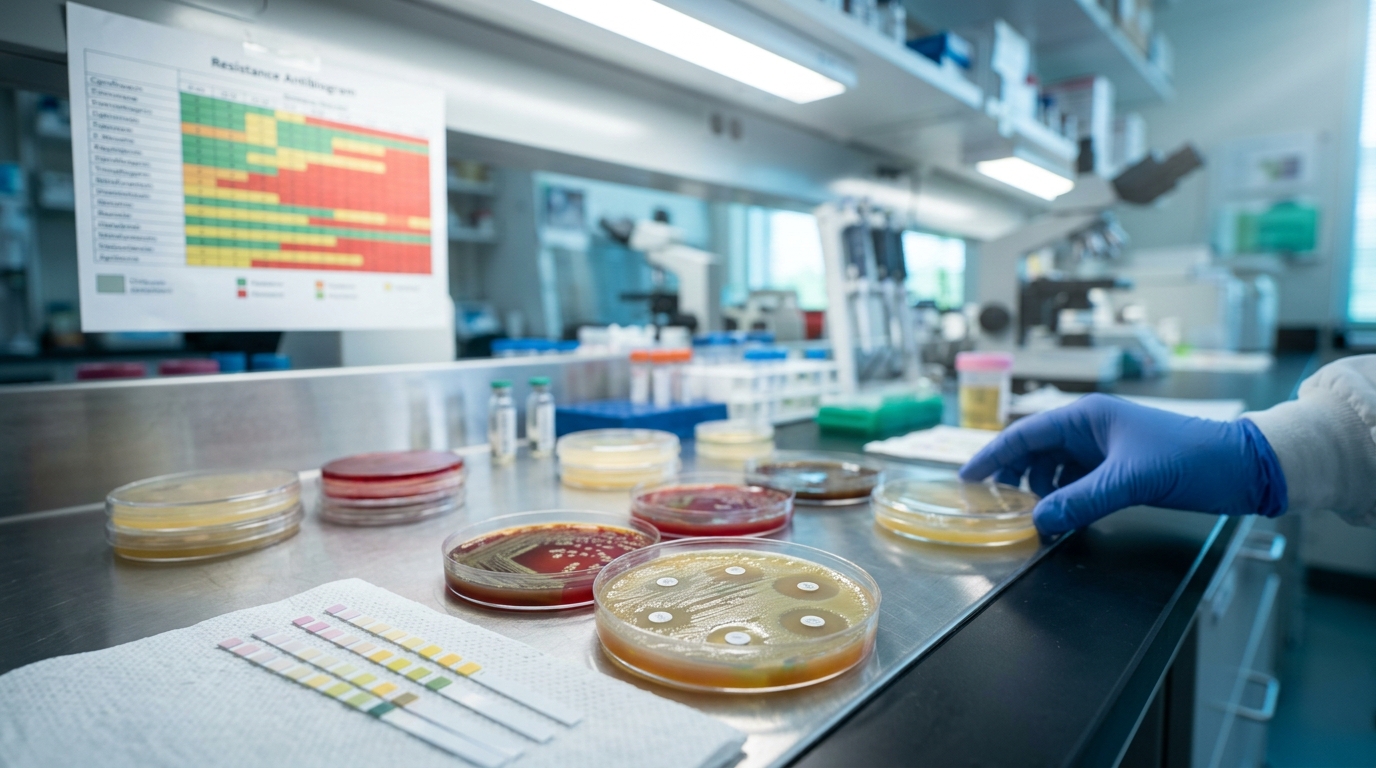 Urine culture plates with antibiotic sensitivity discs and resistance antibiogram