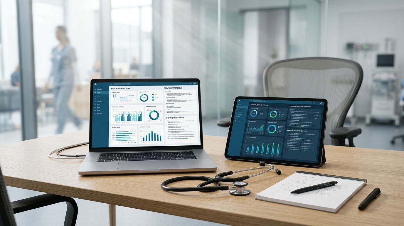 Clinical workstation with tablet and laptop displaying medical evidence dashboards