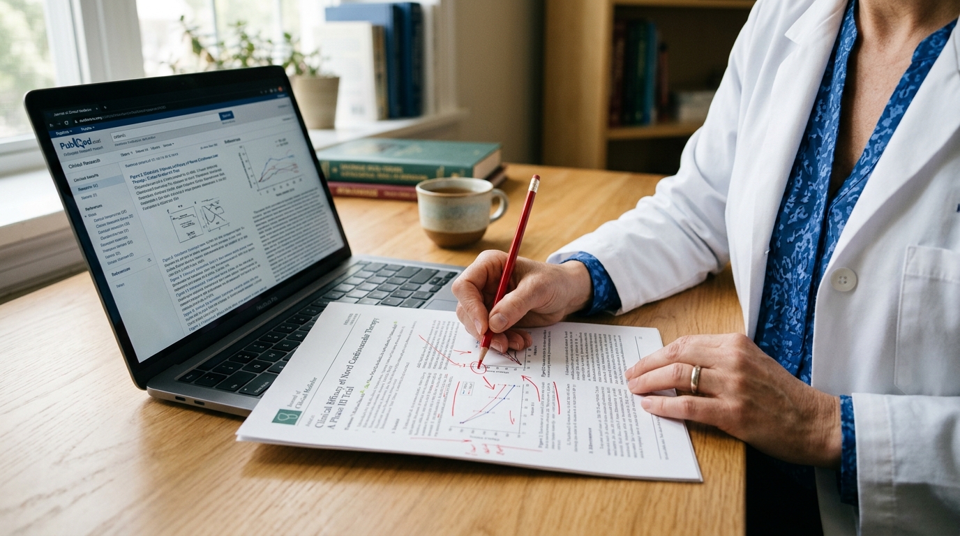 Physician cross-referencing printed journal against digital clinical tool citations